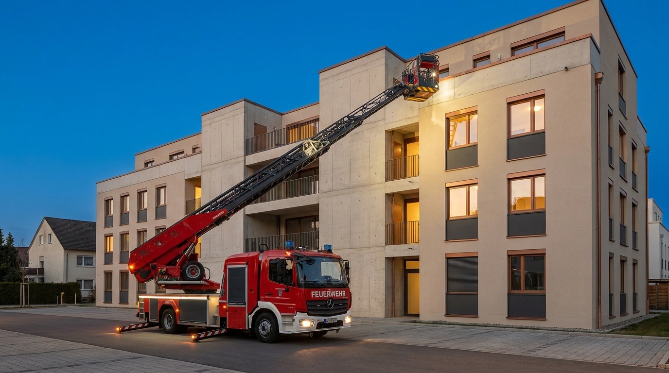 Feuerwehr-Drehleiterfahrzeug in der blauen Stunde mit ausgefahrener Leiter an einem mehrgeschossigen Wohngebäude