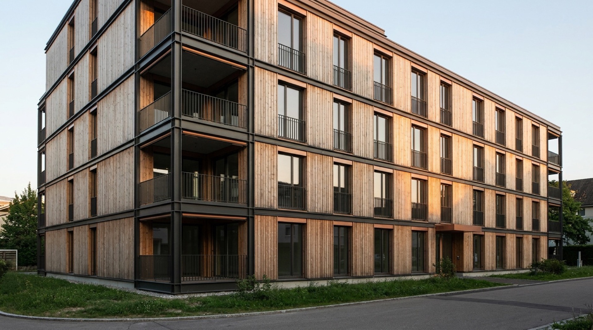 Modernes mehrgeschossiges Wohngebäude in Holzbauweise mit hinterlüfteter Lärchenholzfassade und Stahl-Balkonen