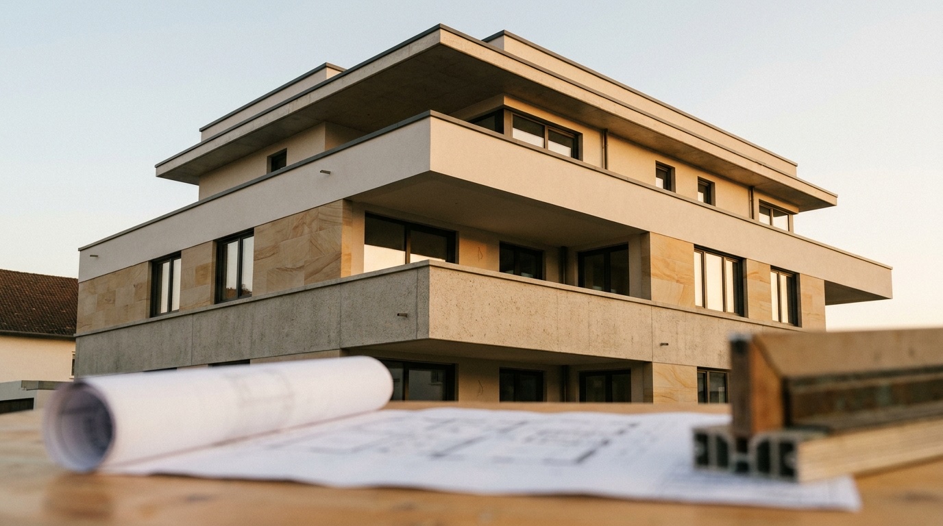 Modernes Wohngebäude in Baden-Württemberg mit Sandsteinfassade, Bauplan im Vordergrund