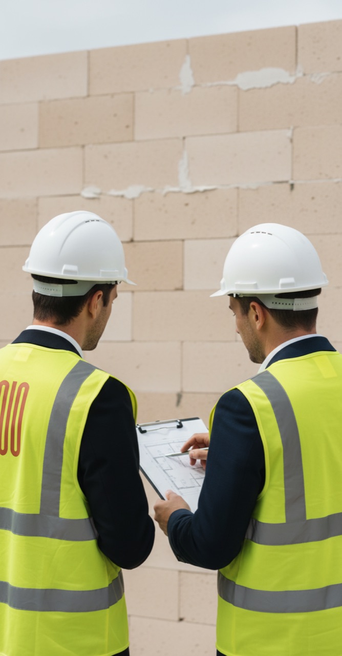 Zwei Brandschutz-Ingenieure mit Warnwesten und Helmen auf der Baustelle