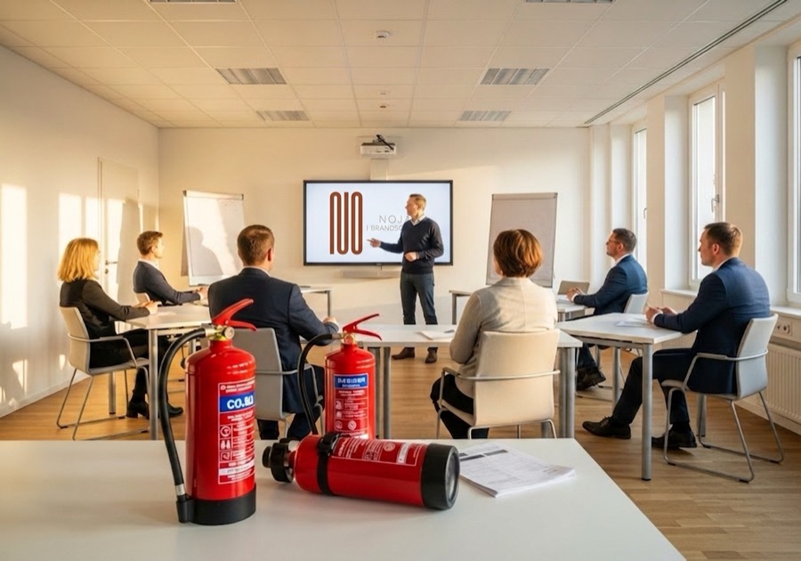 Brandschutzhelfer-Schulung — Seminar mit Teilnehmern und Feuerlöschern im Vordergrund