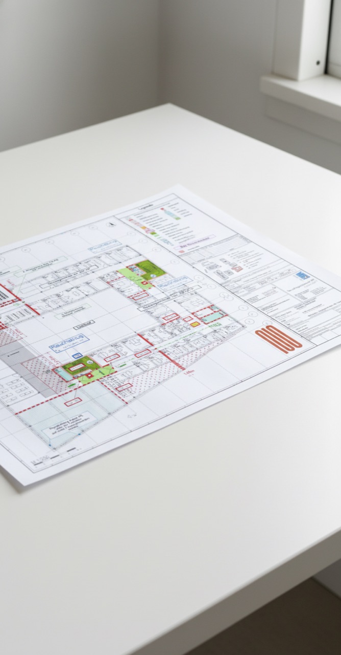 Ausschnitt eines digital gezeichneten Brandschutzplans mit Brandabschnitten und Treppenraum