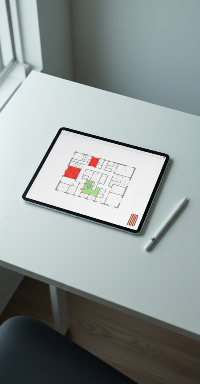 Tablet mit Brandschutz-Grundriss — fachliche Einschätzung